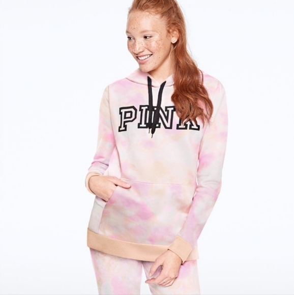PINK Victoria's Secret Tops - PINK VS Pullover Lillac & Orange Tie Dye Hoodie w/ Black Block Logo